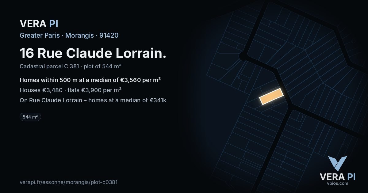 16 Rue Claude Lorrain, Morangis at night – the plot lit, the parcels around coloured by the prices near them