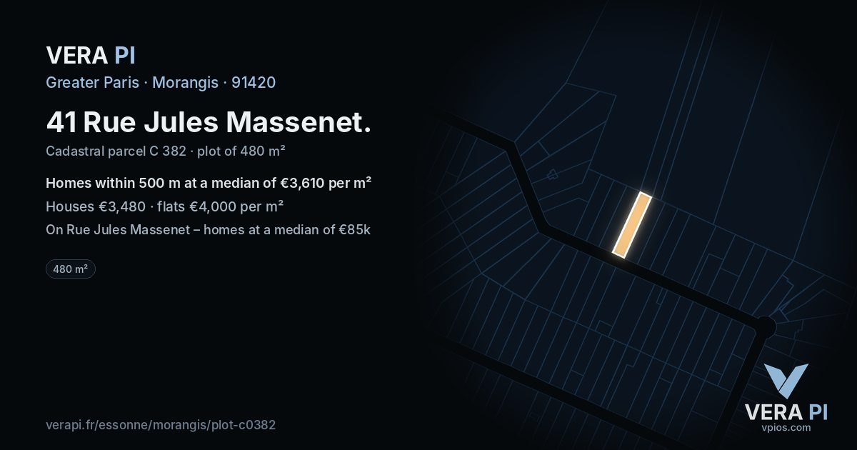 41 Rue Jules Massenet, Morangis at night – the plot lit, the parcels around coloured by the prices near them