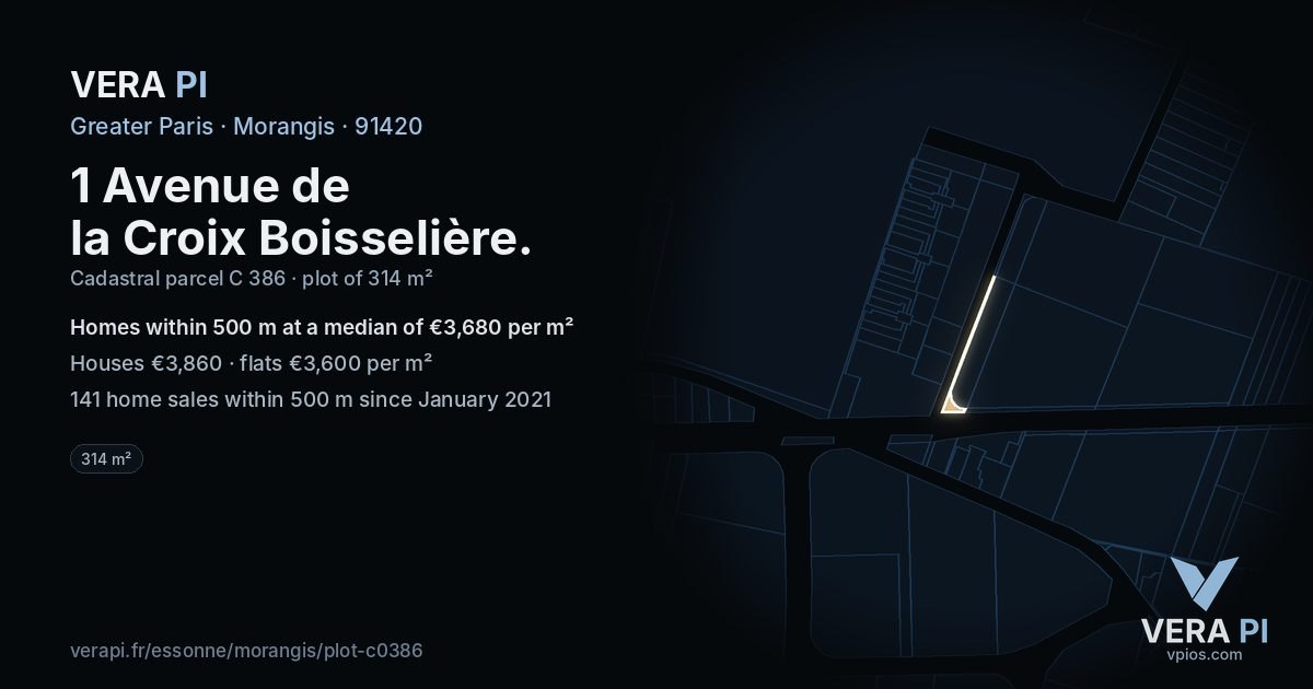 1 Avenue de la Croix Boisselière, Morangis at night – the plot lit, the parcels around coloured by the prices near them