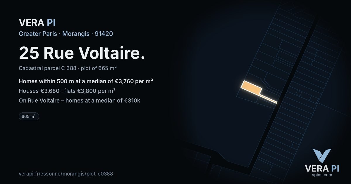 25 Rue Voltaire, Morangis at night – the plot lit, the parcels around coloured by the prices near them