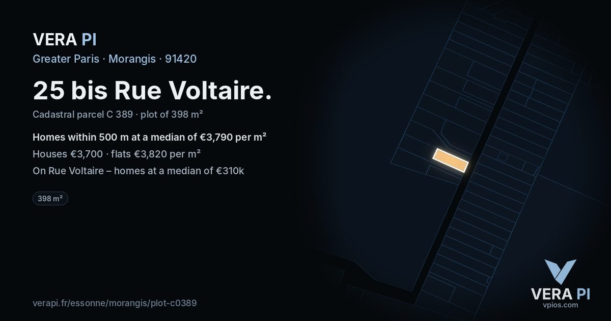 25 bis Rue Voltaire, Morangis at night – the plot lit, the parcels around coloured by the prices near them
