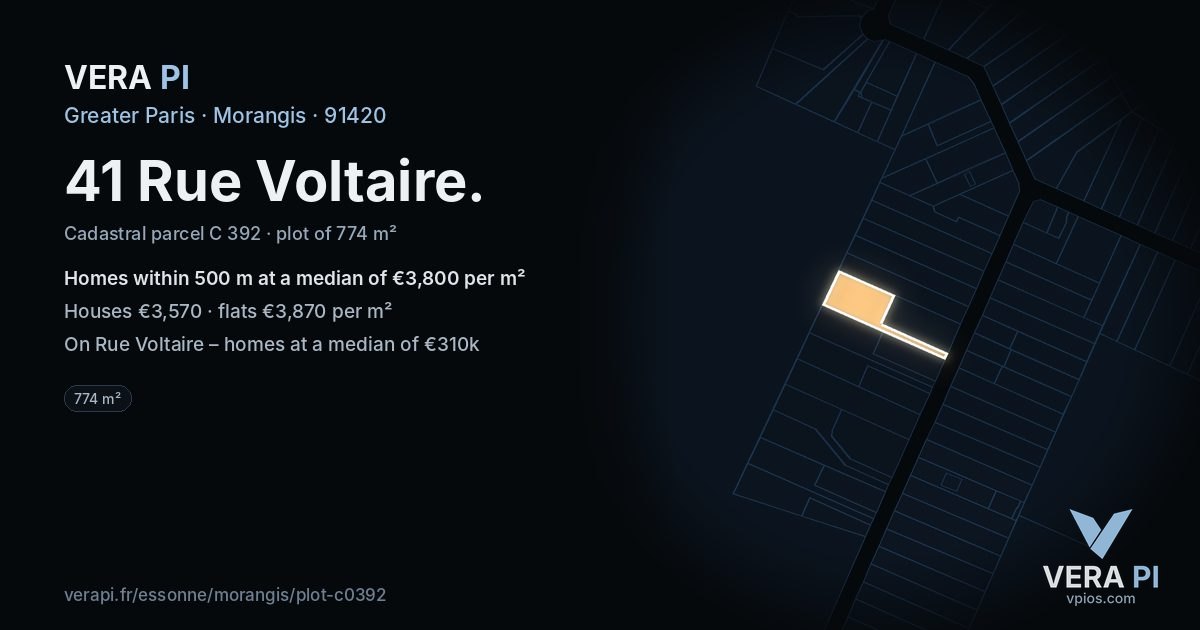 41 Rue Voltaire, Morangis at night – the plot lit, the parcels around coloured by the prices near them