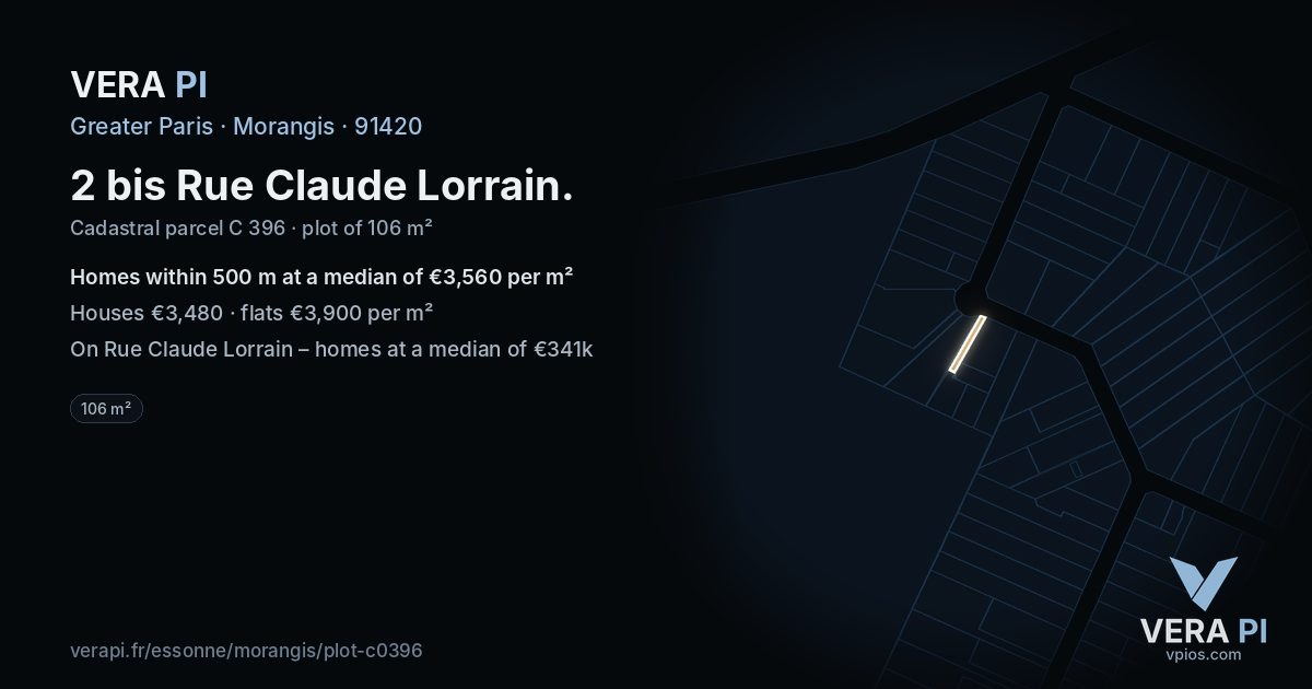 2 bis Rue Claude Lorrain, Morangis at night – the plot lit, the parcels around coloured by the prices near them