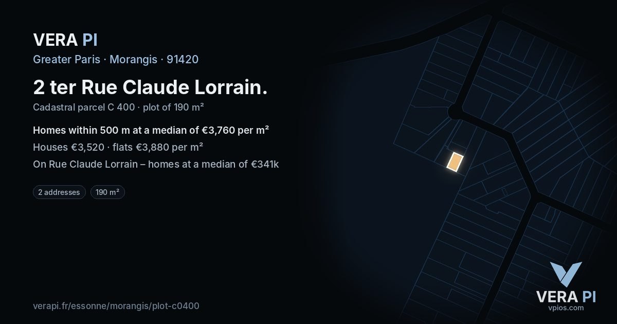 2 ter Rue Claude Lorrain, Morangis at night – the plot lit, the parcels around coloured by the prices near them