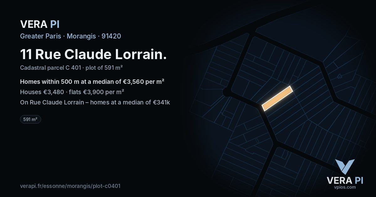 11 Rue Claude Lorrain, Morangis at night – the plot lit, the parcels around coloured by the prices near them