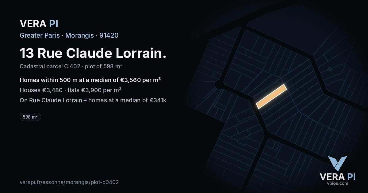 13 Rue Claude Lorrain, Morangis at night – the plot lit, the parcels around coloured by the prices near them