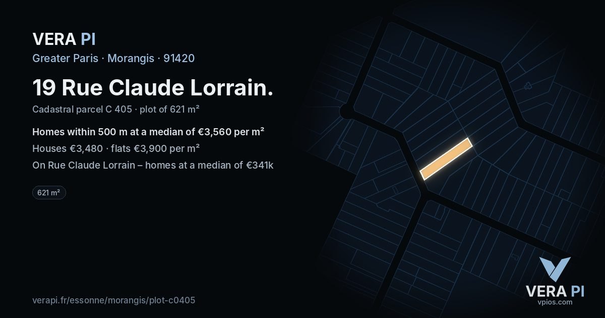 19 Rue Claude Lorrain, Morangis at night – the plot lit, the parcels around coloured by the prices near them