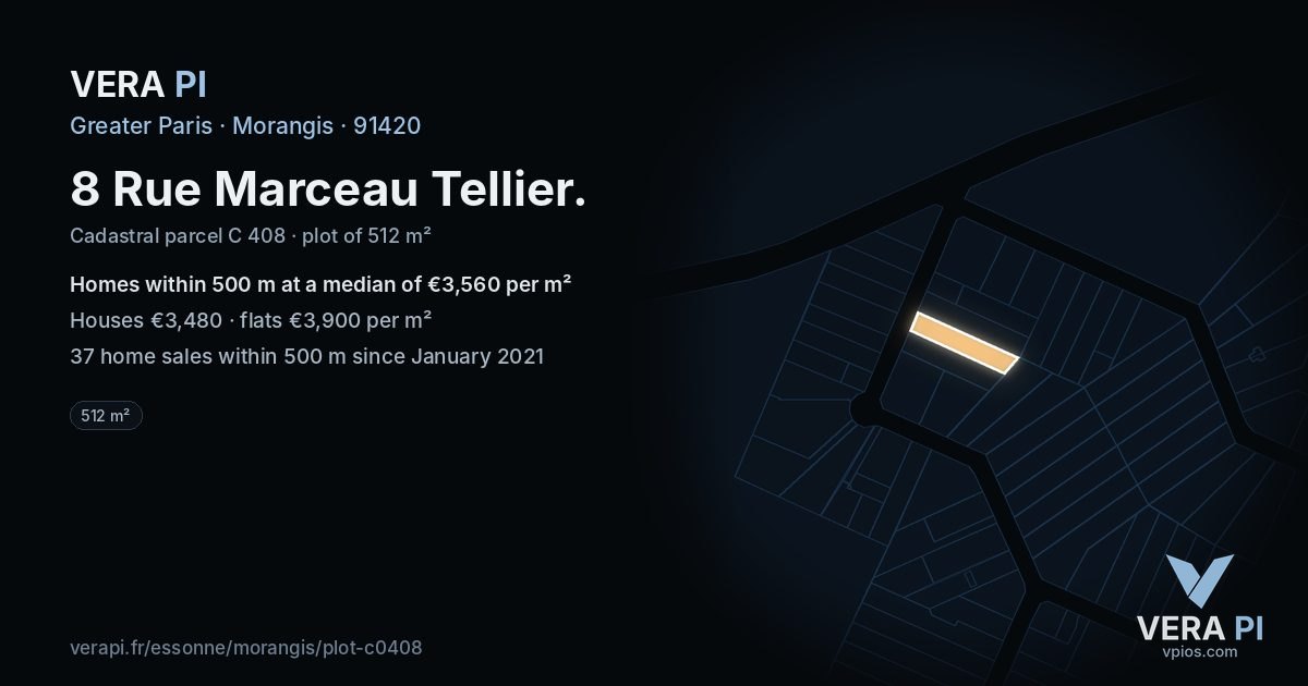 8 Rue Marceau Tellier, Morangis at night – the plot lit, the parcels around coloured by the prices near them