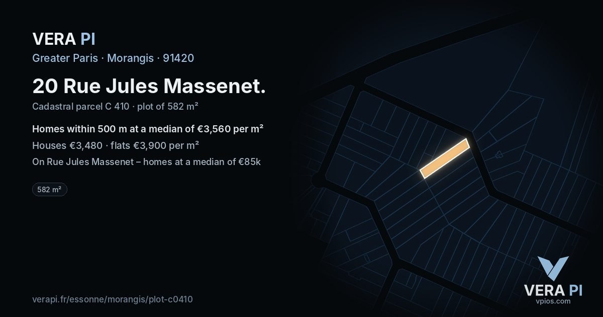 20 Rue Jules Massenet, Morangis at night – the plot lit, the parcels around coloured by the prices near them