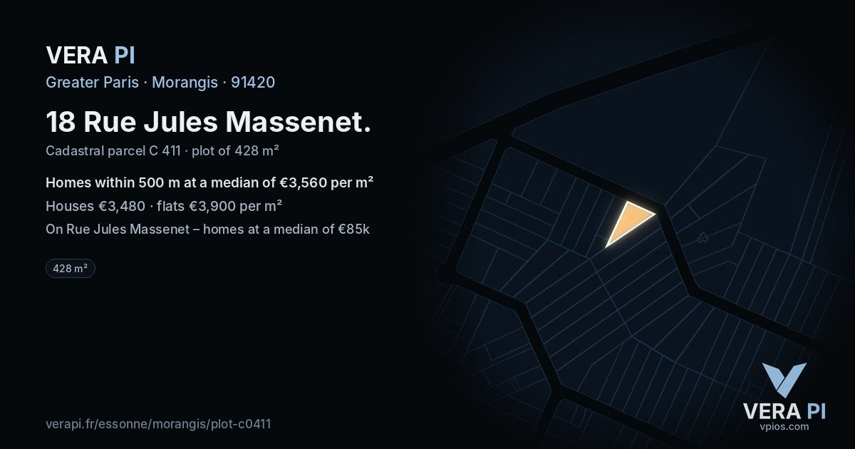18 Rue Jules Massenet, Morangis at night – the plot lit, the parcels around coloured by the prices near them
