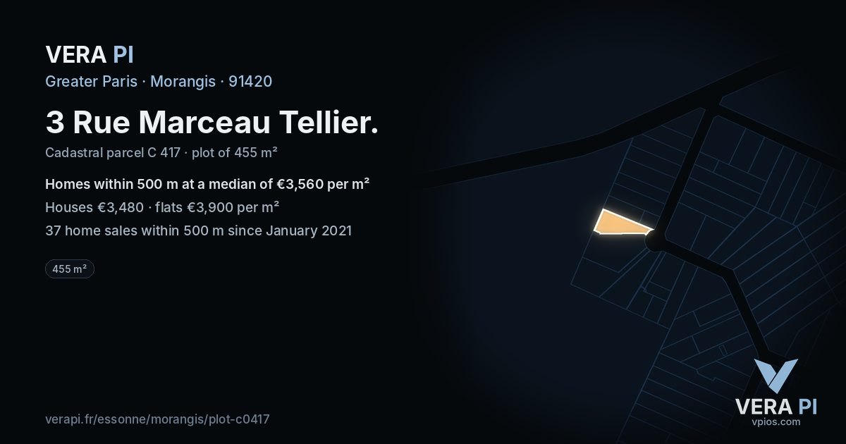 3 Rue Marceau Tellier, Morangis at night – the plot lit, the parcels around coloured by the prices near them