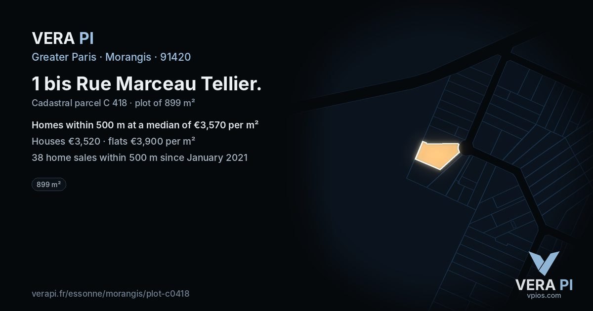 1 bis Rue Marceau Tellier, Morangis at night – the plot lit, the parcels around coloured by the prices near them