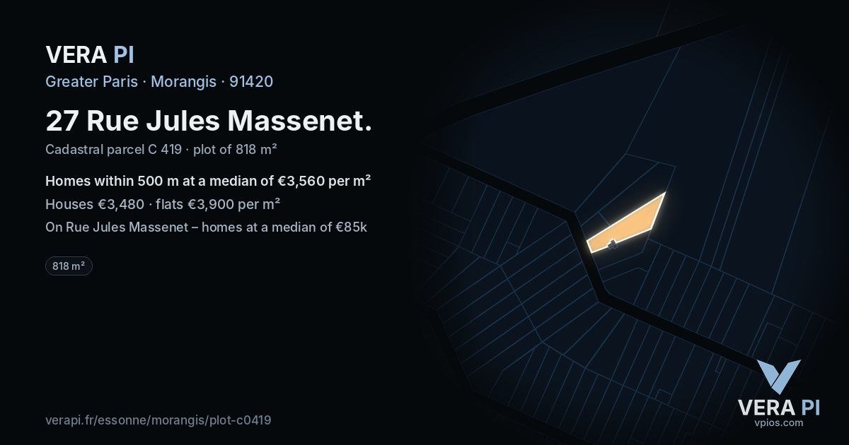27 Rue Jules Massenet, Morangis at night – the plot lit, the parcels around coloured by the prices near them