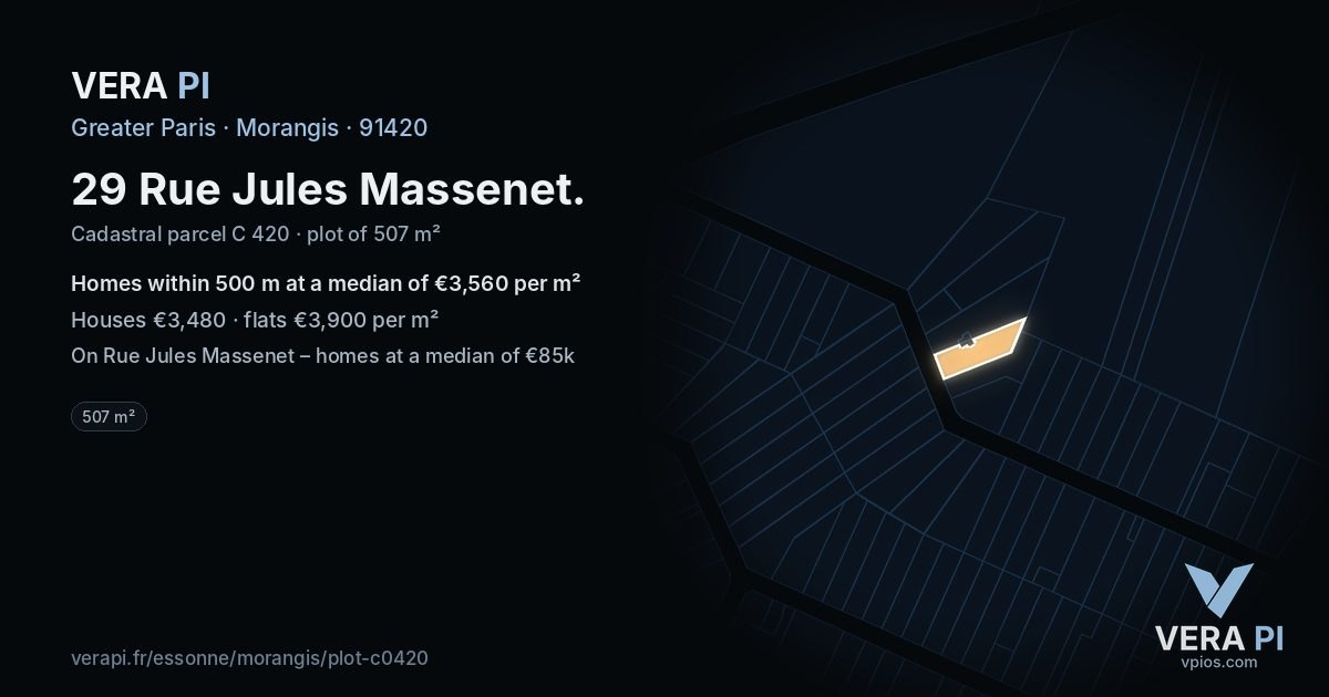 29 Rue Jules Massenet, Morangis at night – the plot lit, the parcels around coloured by the prices near them