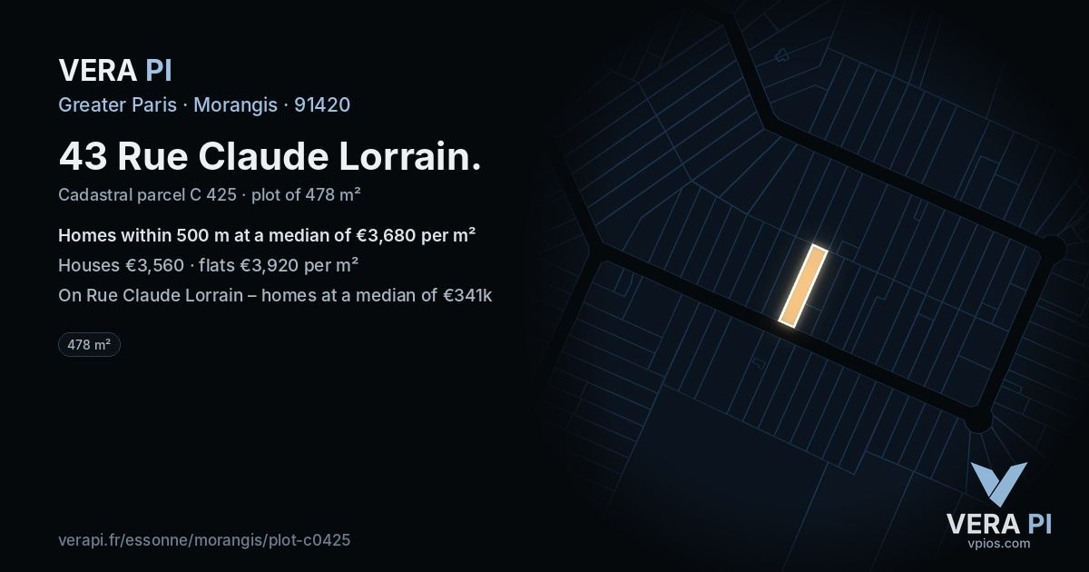 43 Rue Claude Lorrain, Morangis at night – the plot lit, the parcels around coloured by the prices near them