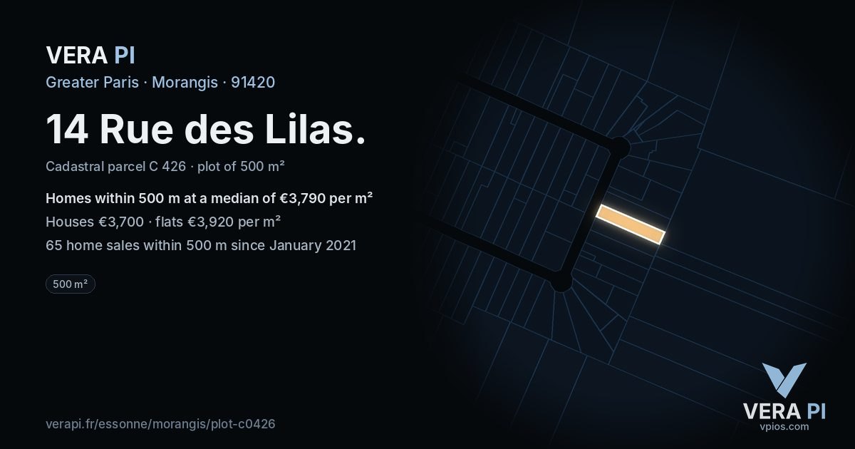 14 Rue des Lilas, Morangis at night – the plot lit, the parcels around coloured by the prices near them