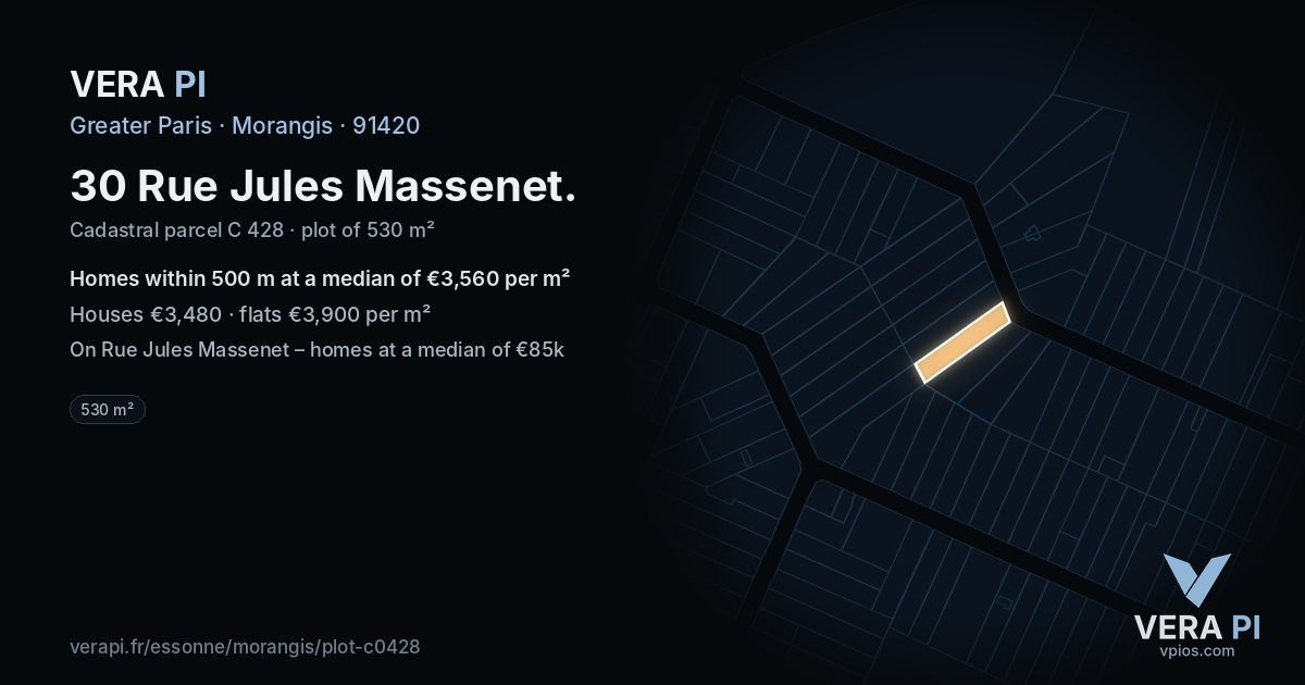 30 Rue Jules Massenet, Morangis at night – the plot lit, the parcels around coloured by the prices near them