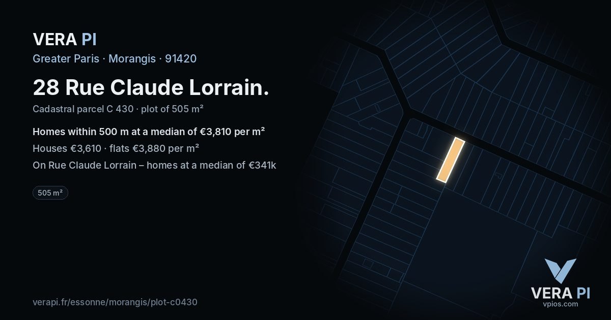 28 Rue Claude Lorrain, Morangis at night – the plot lit, the parcels around coloured by the prices near them