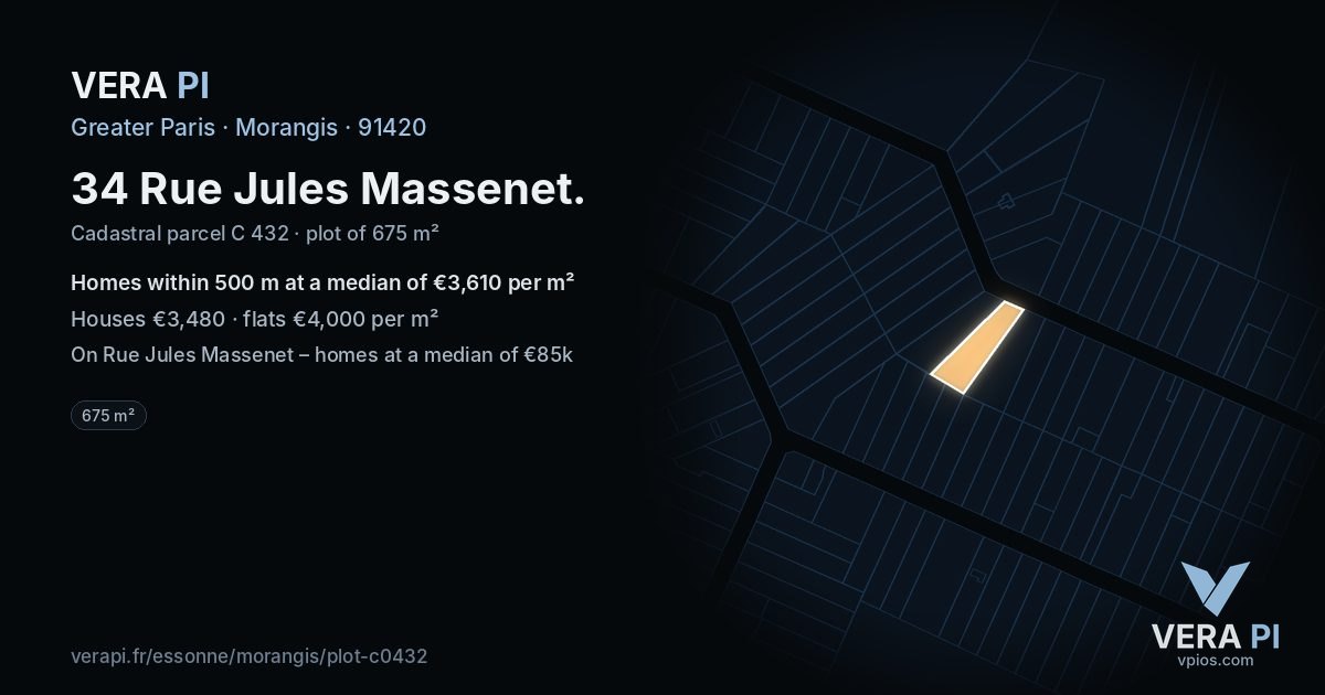 34 Rue Jules Massenet, Morangis at night – the plot lit, the parcels around coloured by the prices near them
