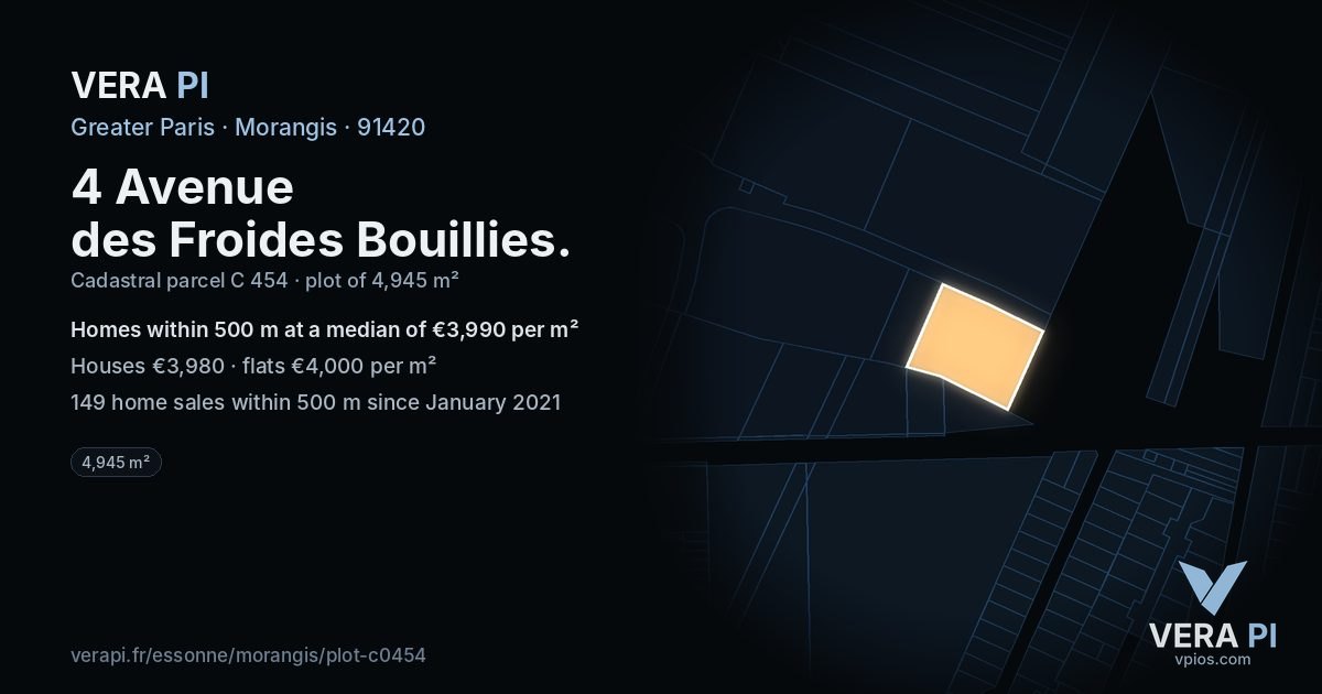 4 Avenue des Froides Bouillies, Morangis at night – the plot lit, the parcels around coloured by the prices near them