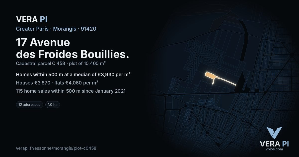 17 Avenue des Froides Bouillies, Morangis at night – the plot lit, the parcels around coloured by the prices near them