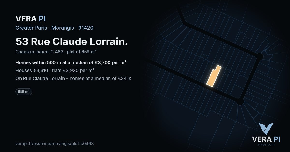 53 Rue Claude Lorrain, Morangis at night – the plot lit, the parcels around coloured by the prices near them