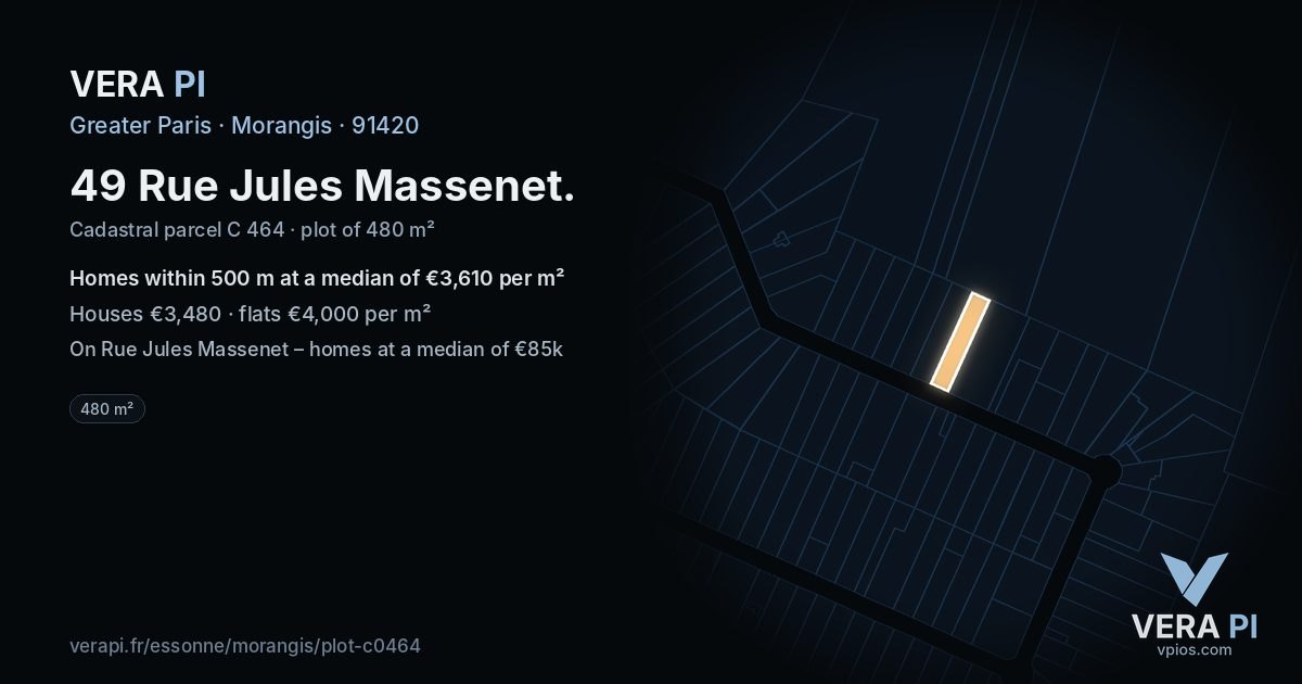 49 Rue Jules Massenet, Morangis at night – the plot lit, the parcels around coloured by the prices near them