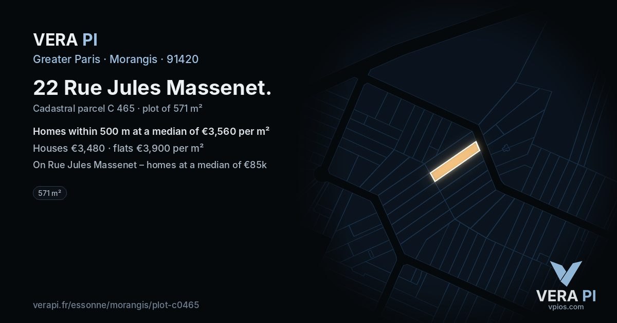 22 Rue Jules Massenet, Morangis at night – the plot lit, the parcels around coloured by the prices near them