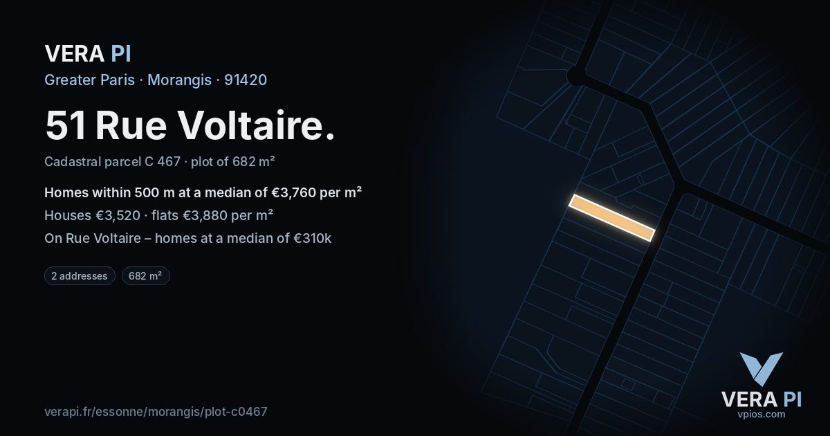51 Rue Voltaire, Morangis at night – the plot lit, the parcels around coloured by the prices near them
