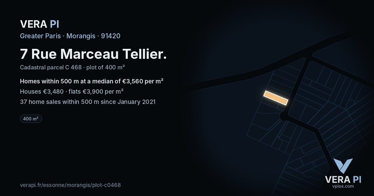 7 Rue Marceau Tellier, Morangis at night – the plot lit, the parcels around coloured by the prices near them