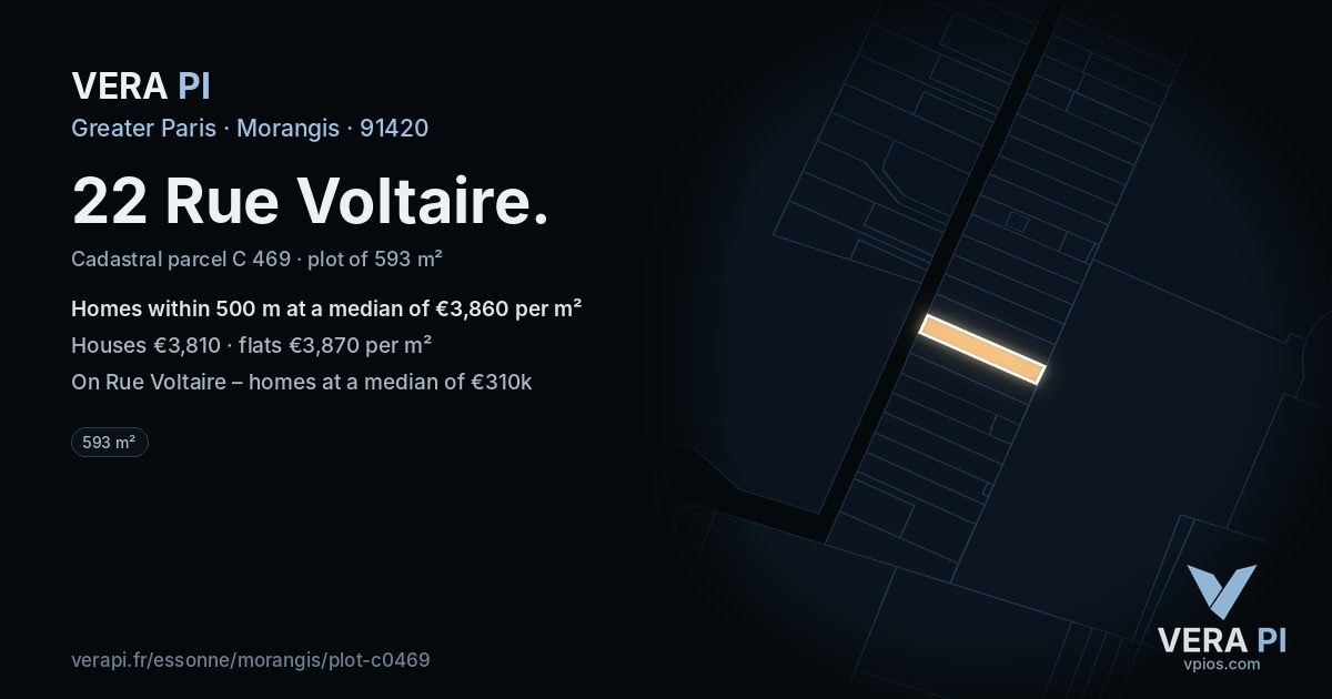 22 Rue Voltaire, Morangis at night – the plot lit, the parcels around coloured by the prices near them