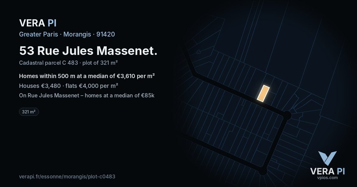 53 Rue Jules Massenet, Morangis at night – the plot lit, the parcels around coloured by the prices near them