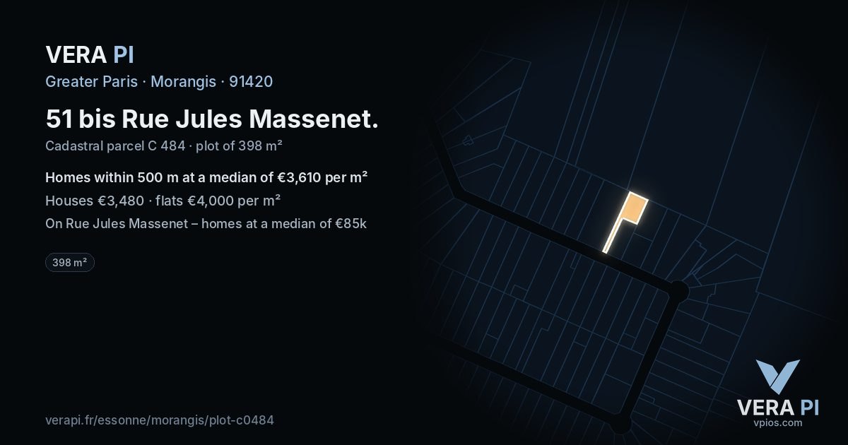 51 bis Rue Jules Massenet, Morangis at night – the plot lit, the parcels around coloured by the prices near them