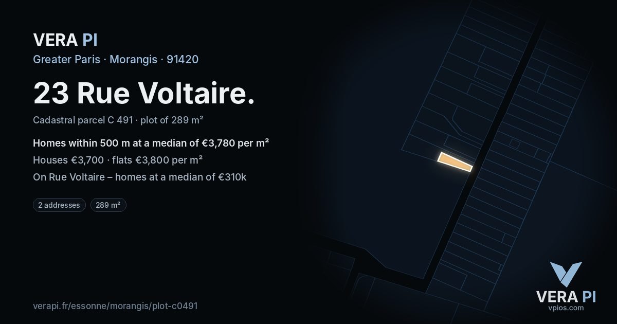 23 Rue Voltaire, Morangis at night – the plot lit, the parcels around coloured by the prices near them