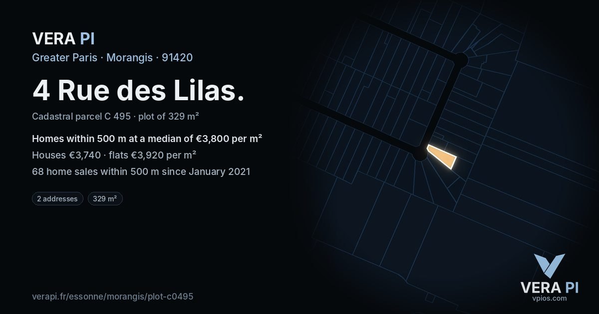 4 Rue des Lilas, Morangis at night – the plot lit, the parcels around coloured by the prices near them