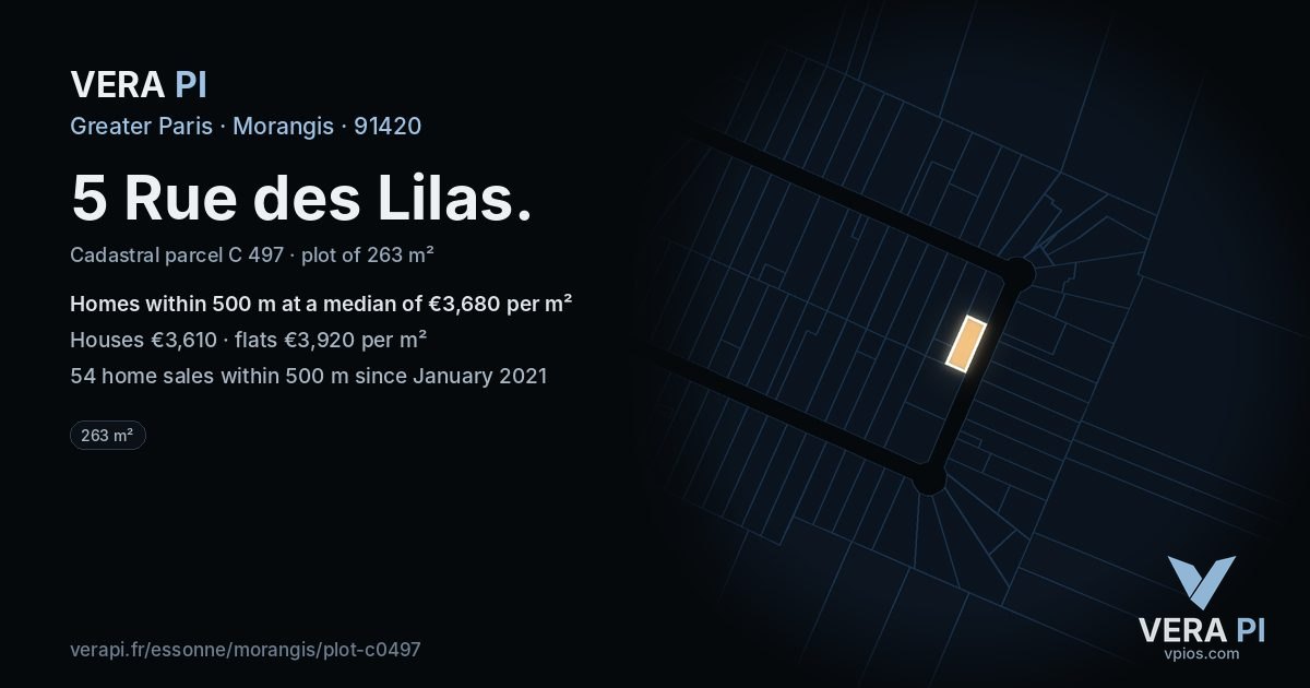 5 Rue des Lilas, Morangis at night – the plot lit, the parcels around coloured by the prices near them