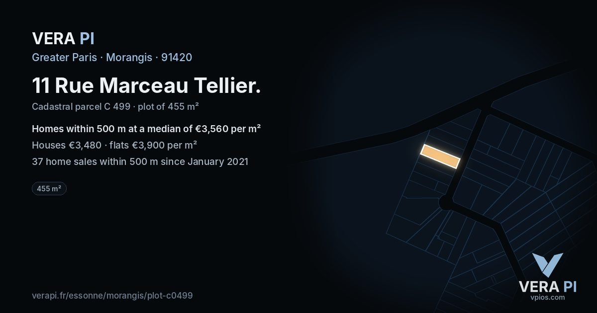 11 Rue Marceau Tellier, Morangis at night – the plot lit, the parcels around coloured by the prices near them