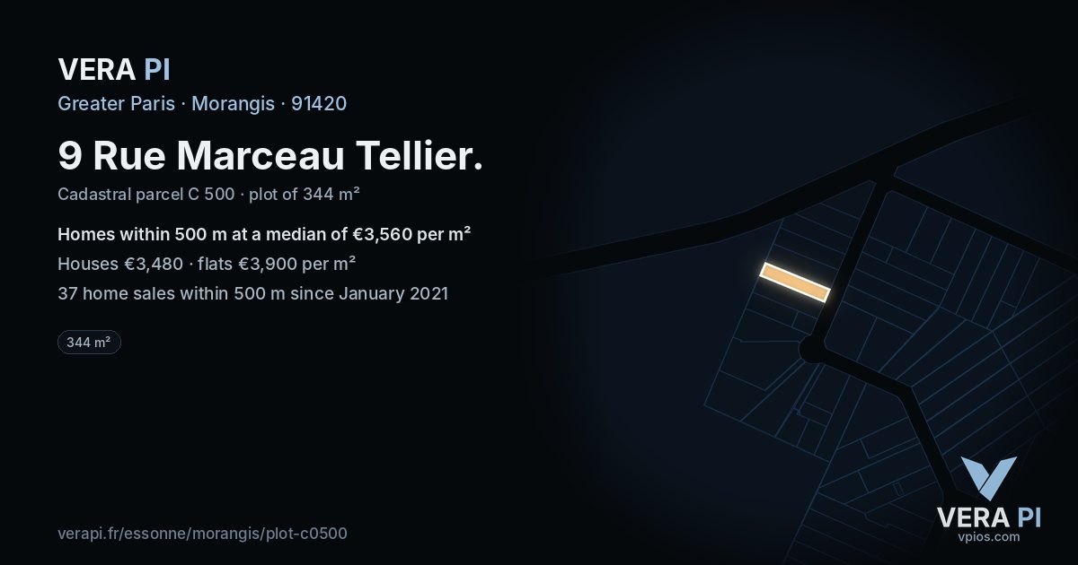 9 Rue Marceau Tellier, Morangis at night – the plot lit, the parcels around coloured by the prices near them