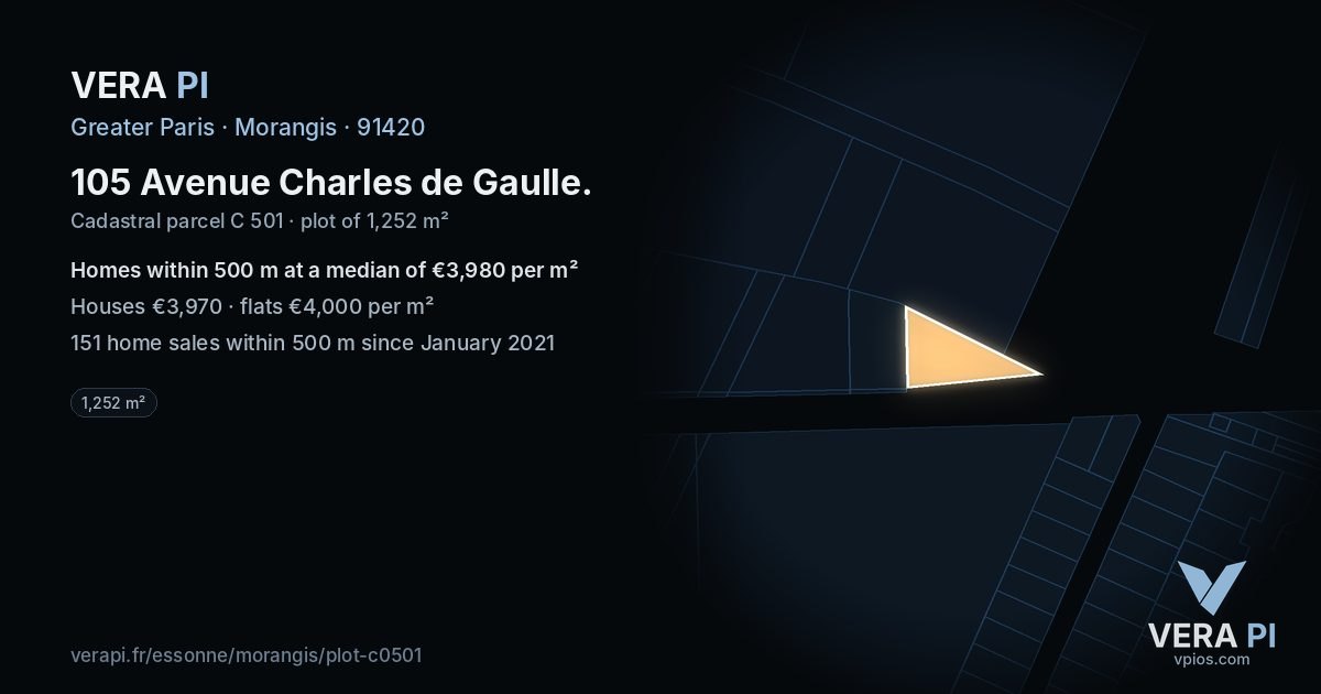 105 Avenue Charles de Gaulle, Morangis at night – the plot lit, the parcels around coloured by the prices near them
