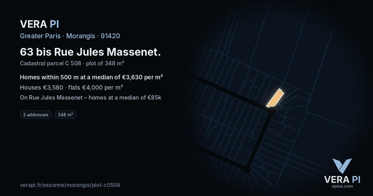 63 bis Rue Jules Massenet, Morangis at night – the plot lit, the parcels around coloured by the prices near them