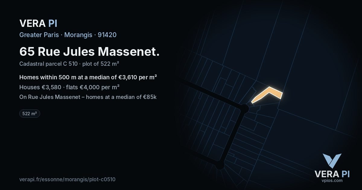 65 Rue Jules Massenet, Morangis at night – the plot lit, the parcels around coloured by the prices near them