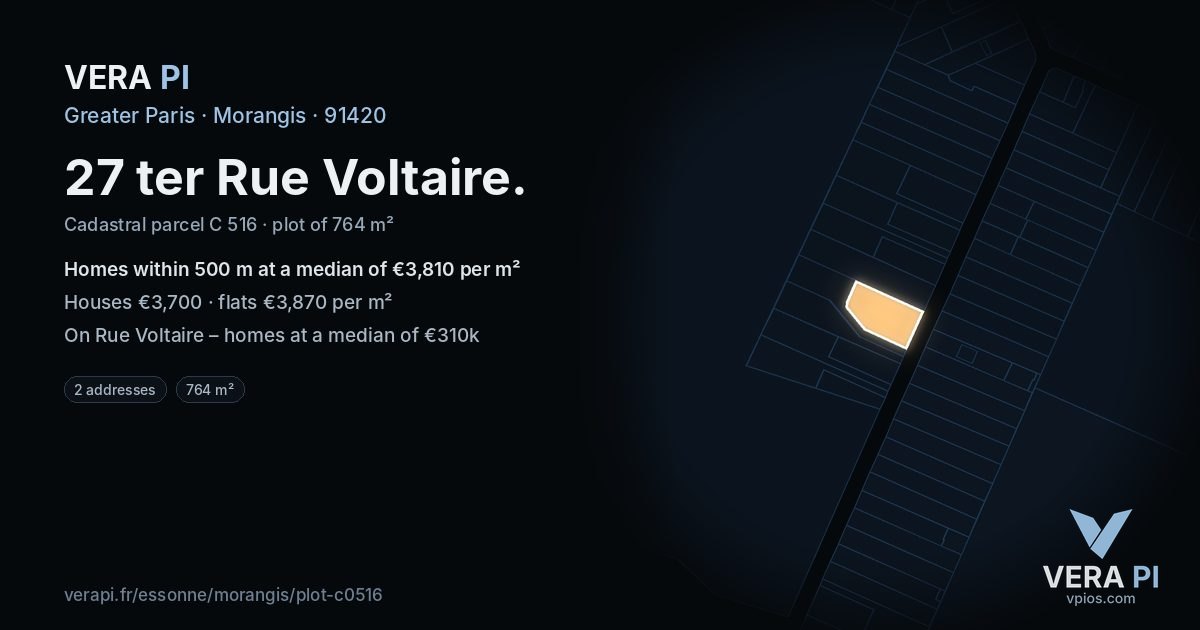 27 ter Rue Voltaire, Morangis at night – the plot lit, the parcels around coloured by the prices near them