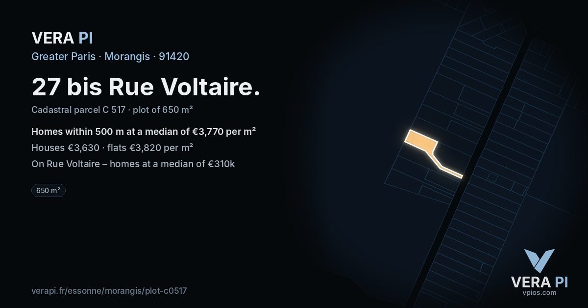 27 bis Rue Voltaire, Morangis at night – the plot lit, the parcels around coloured by the prices near them