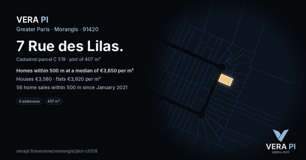 7 Rue des Lilas, Morangis at night – the plot lit, the parcels around coloured by the prices near them
