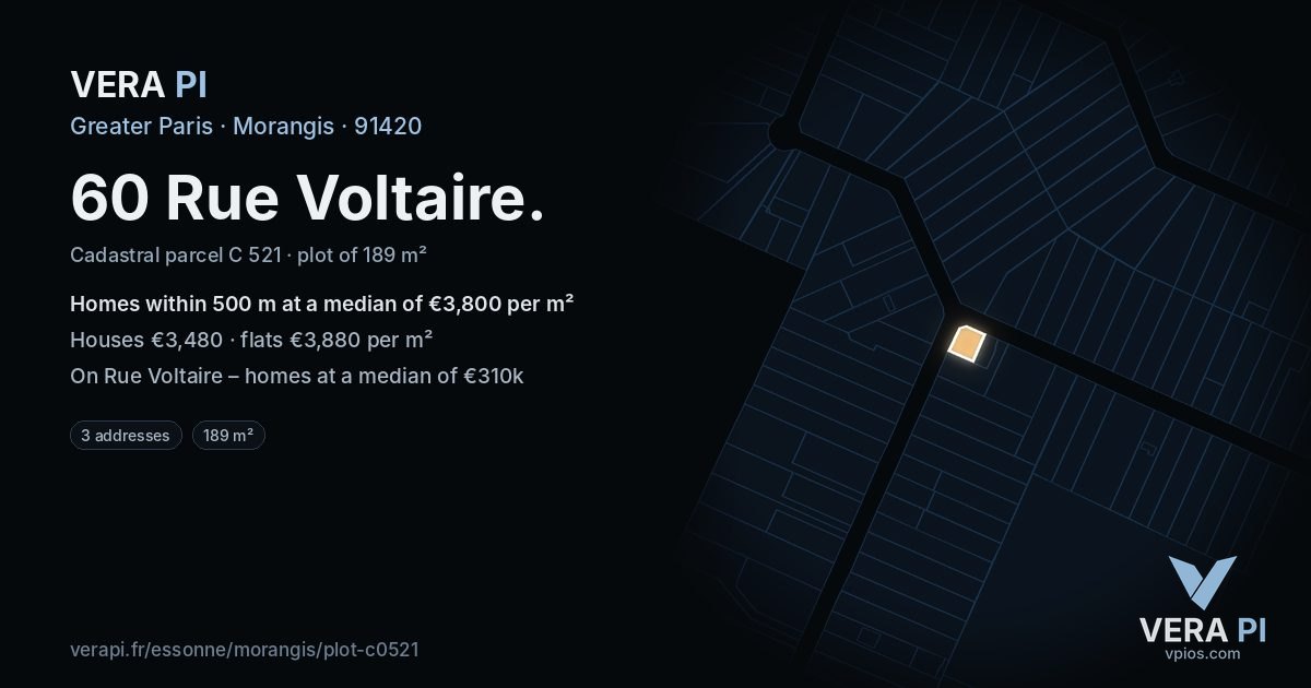60 Rue Voltaire, Morangis at night – the plot lit, the parcels around coloured by the prices near them