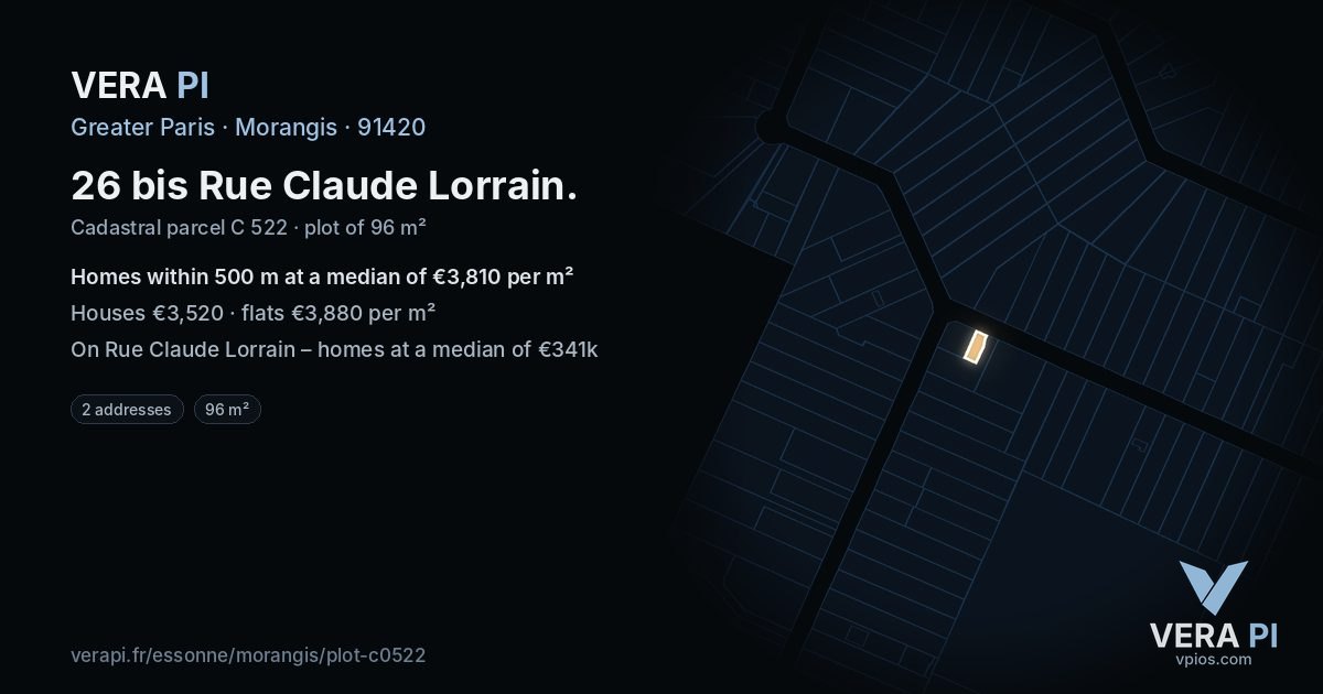 26 bis Rue Claude Lorrain, Morangis at night – the plot lit, the parcels around coloured by the prices near them