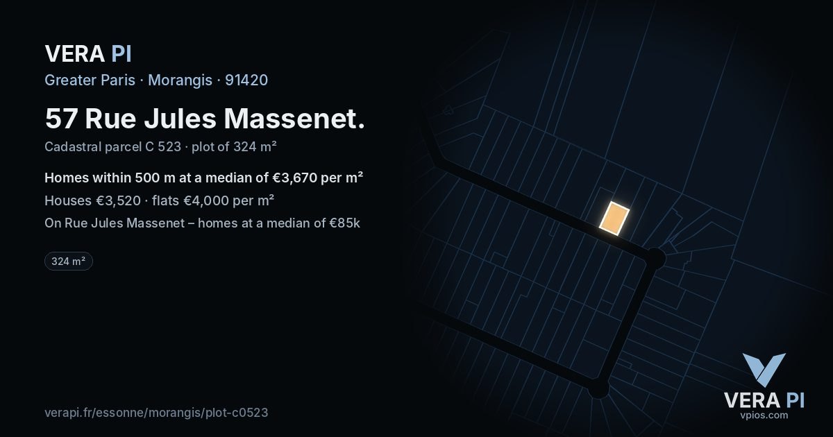 57 Rue Jules Massenet, Morangis at night – the plot lit, the parcels around coloured by the prices near them