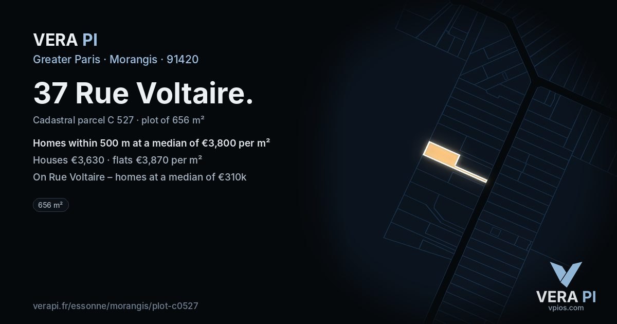 37 Rue Voltaire, Morangis at night – the plot lit, the parcels around coloured by the prices near them