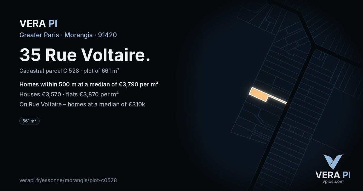 35 Rue Voltaire, Morangis at night – the plot lit, the parcels around coloured by the prices near them