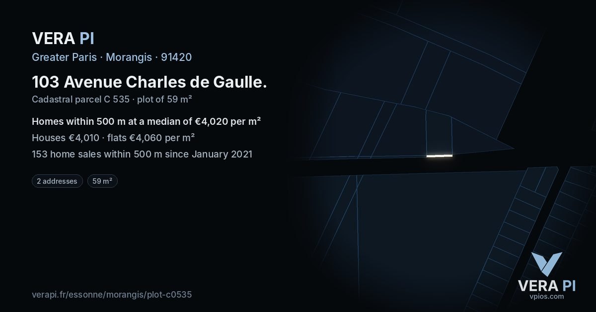 103 Avenue Charles de Gaulle, Morangis at night – the plot lit, the parcels around coloured by the prices near them